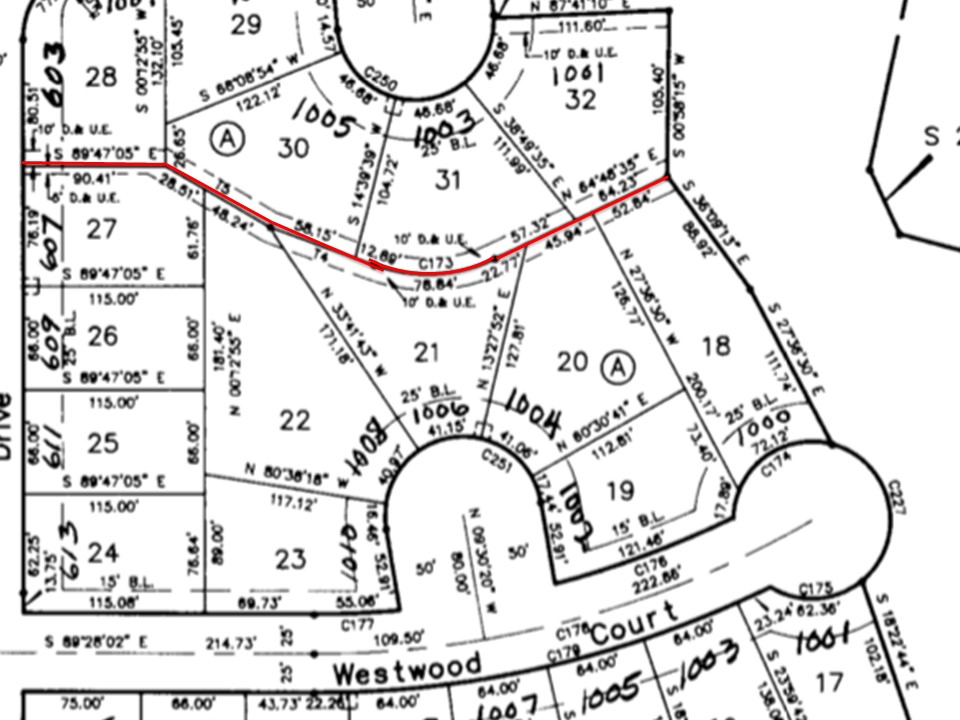 Subdivision survey map showing drainage and utility easement corridors across residential lots